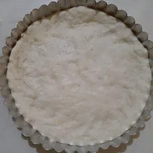 Ambil sebagian adonan, giling dan pipihkan. Masukkan dalam loyang dan ratakan. Tusuk-tusuk adonan dengan menggunakan garpu. Olesi dengan sedikit minyak.