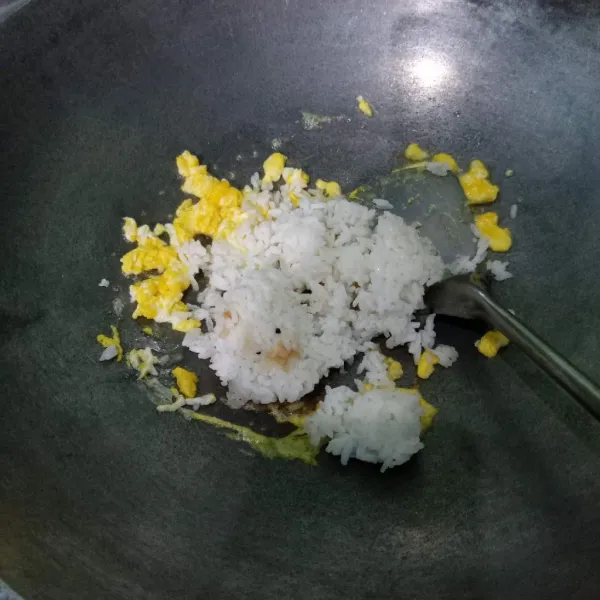 Masukkan nasi, garam, bawang putih bubuk, lada bubuk dan kecap asin.
