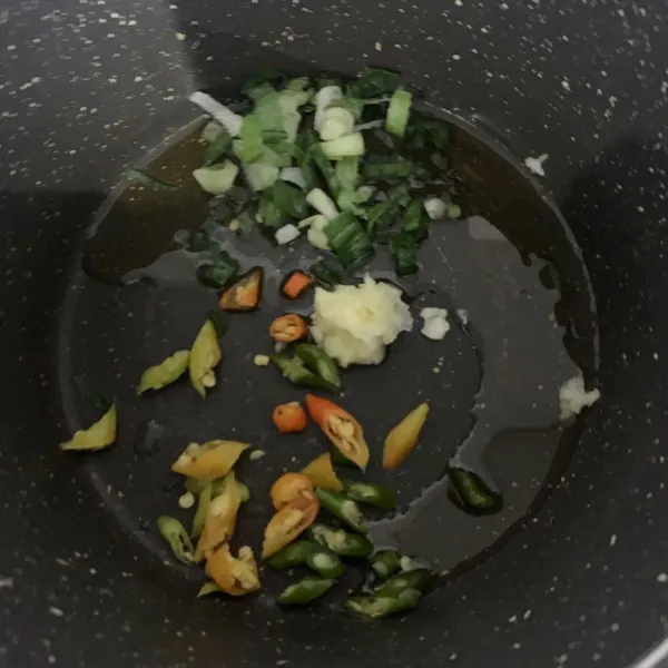 Siapkan bahan sambal, lombok, bawang putih , daun bawang dan minyak goreng