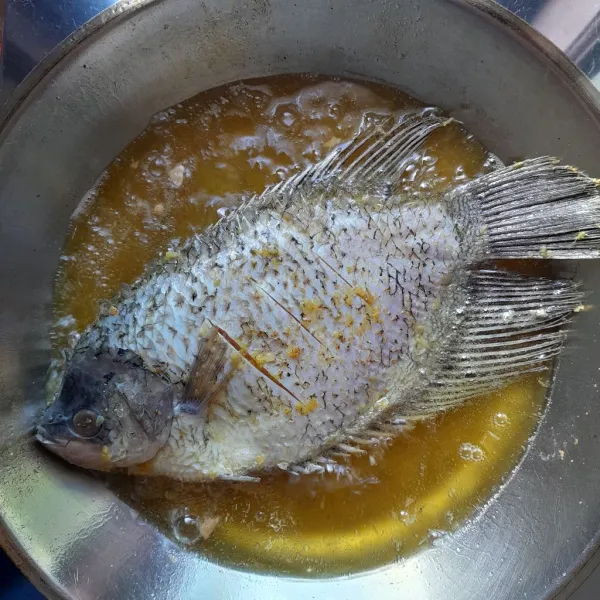 Kemudian goreng ikan ke dalam minyak yang sudah panas. Goreng ikan hingga matang (kering, kuning kecoklatan). Setelah matang, angkat, tiriskan dan siap disajikan.