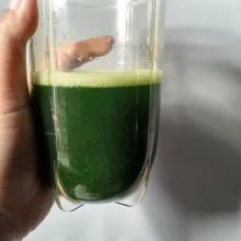 Buat jus pandan, haluskan daun pandan dengan air menggunakan blender. Saring dan peras. Sisihkan.