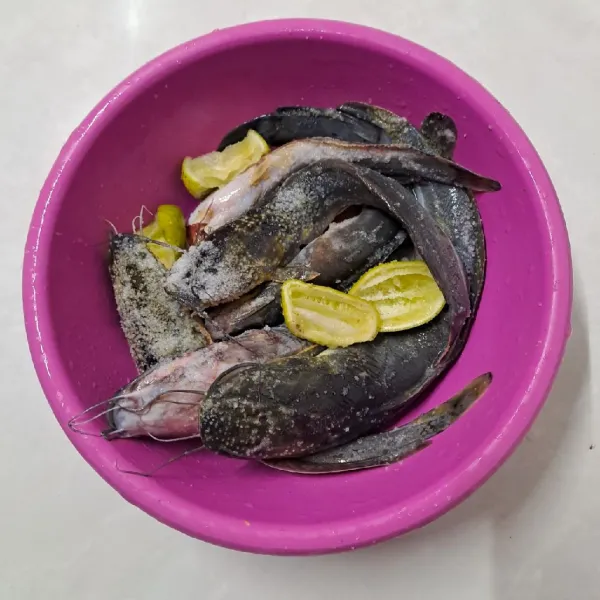 Bersihkan ikan lele dari kotoran perut. Kemudian beri perasan air jeruk nipis dan garam. Biarkan selama 10 menit. Kemudian bilas ikan lele dengan air sampai bersih.