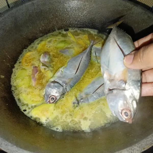 Masukkan ikan kembung, garam, lada bubuk, gula pasir dan kaldu jamur. Masak sampai matang, koreksi rasanya dan siap disajikan.