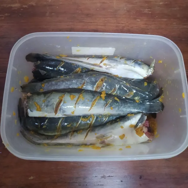 Haluskan bumbu marinasi, kemudian balurkan ke badan ikan lele. Diamkan minimal 30 menit (masukkan chiller jika marinasinya seharian).