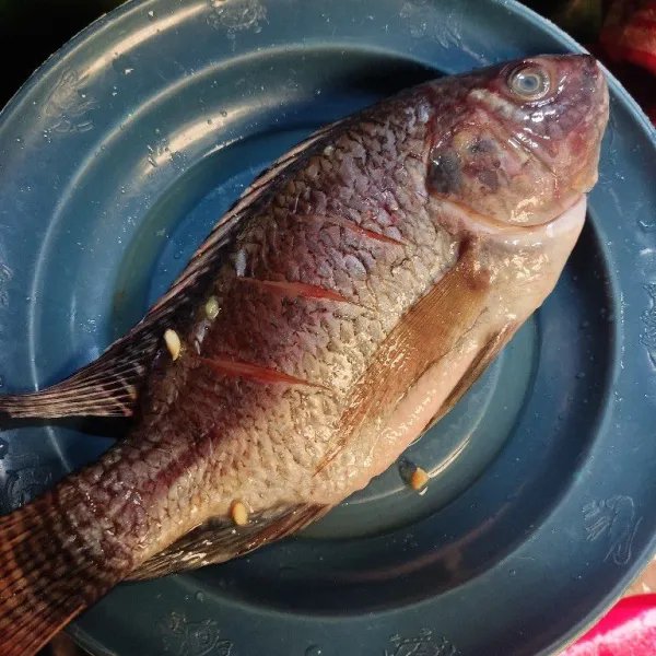 Bersihkan ikan, kerat-kerat kedua sisinya kemudian beri air jeruk nipis, diamkan beberapa menit lalu bilas.