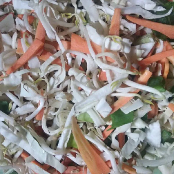 Siapkan sayuran bahan untuk campuran yaitu wortel, kol dan daun bawang.