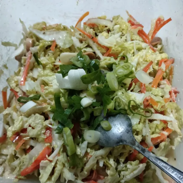 Kemudian tambahkan bawang merah, bawang putih, dan daun prei. Selain itu,  tambahkan juga garam, gula pasir, dan penyedab rasa. Kemudian, aduk sampai rata.