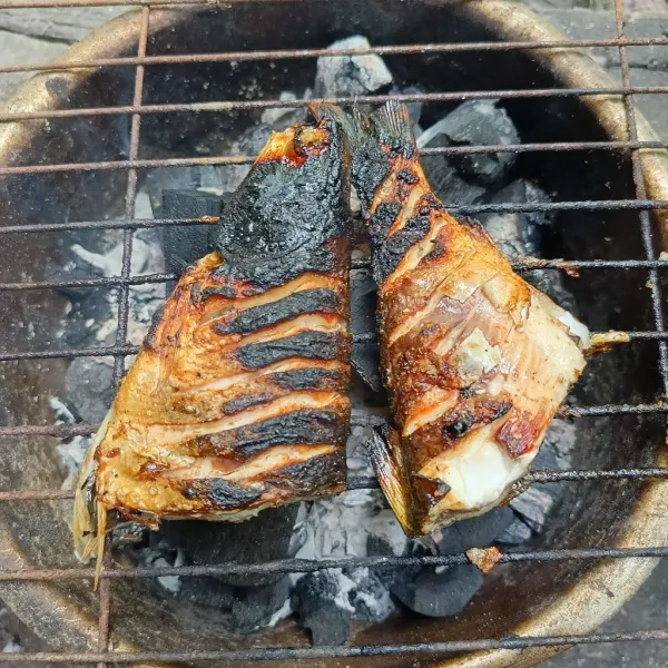 Bakar ikan di atas bara api sambil dioles dengan minyak goreng sampai matang.