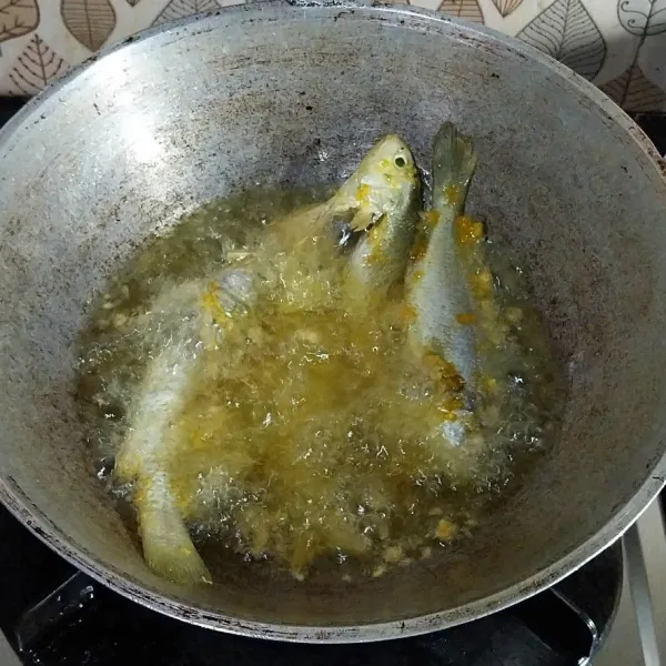 Panaskan minyak dan goreng ikan hingga garing atau setengah garing.