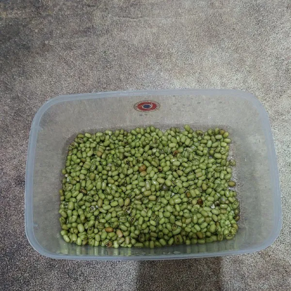 Rendam kacang hijau selama 1 malam lalu buang airnya, bilas hingga bersih dan tiriskan.