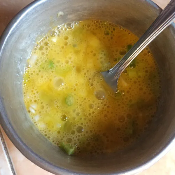 Kocok lepas telur, garam, lada bubuk dan daun bawang.