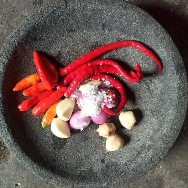 Uleg, bawang putih, bawang merah, cabai rawit, cabai merah besar, kemiri, dan garam.