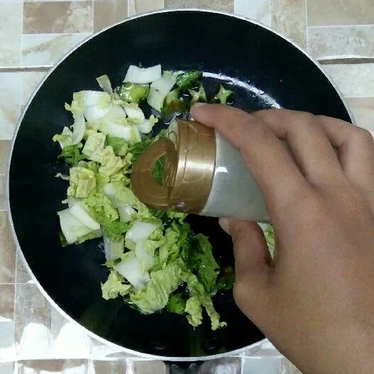 Masukkan lada bubuk, penyedap rasa, kaldu sapi bubuk dan garam. Aduk rata.