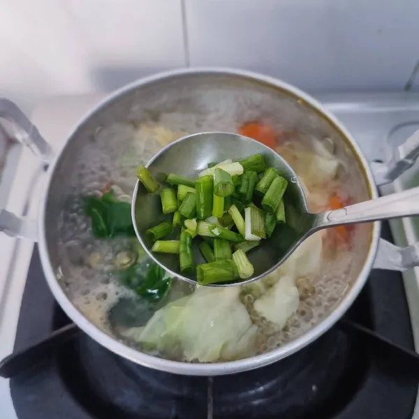 Tambahkan irisan daun bawang sesaat sebelum kompor dimatikan. Sajikan selagi hangat.