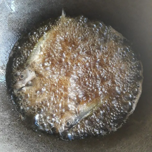 Goreng ikan dencis hingga matang. Goreng juga tahu.