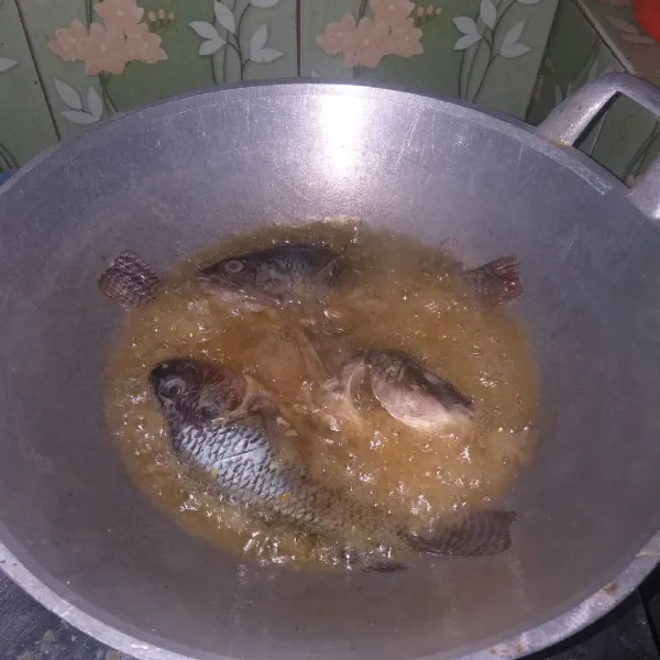 Panaskan minyak goreng ikan hingga berwarna kecoklatan angkat tiriskan