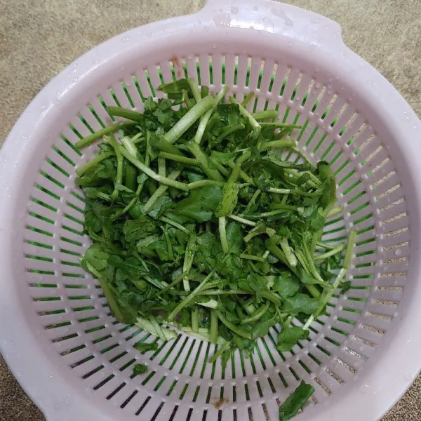 Pilih daun dan batang selada yang masih hijau, lalu petiki dan cuci hingga bersih.