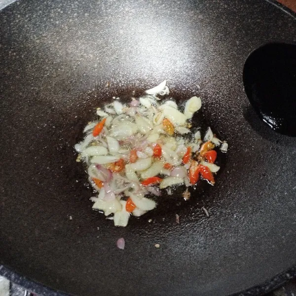 Panaskan minyak goreng. Masukkan bawang merah dan bawang putih sampai harum. Lalu tambahkan cabe rawit dan udang rebon. aduk-aduk sampai tercampur rata.