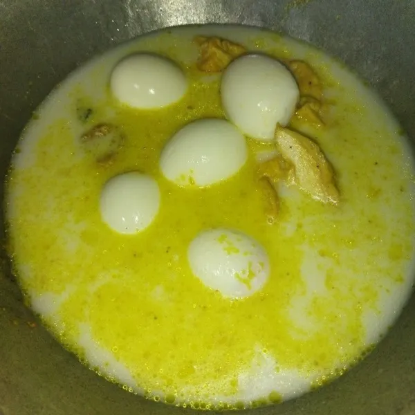 Masukkan telur rebus, tahu goreng, dan santan. Masak hingga mendidih. Beri garam, kaldu bubuk, lada bubuk, dan gula pasir. Aduk rata.