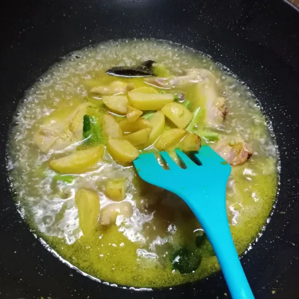 Kemudian tuang air, biarkan mendidih masukkan kentang. Bumbui dengan garam, gula, kaldu jamur. Masak sampai ayam matang.