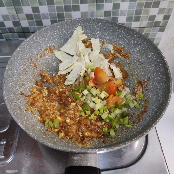 Masukkan kol, daun bawang, seledri dan tomat.