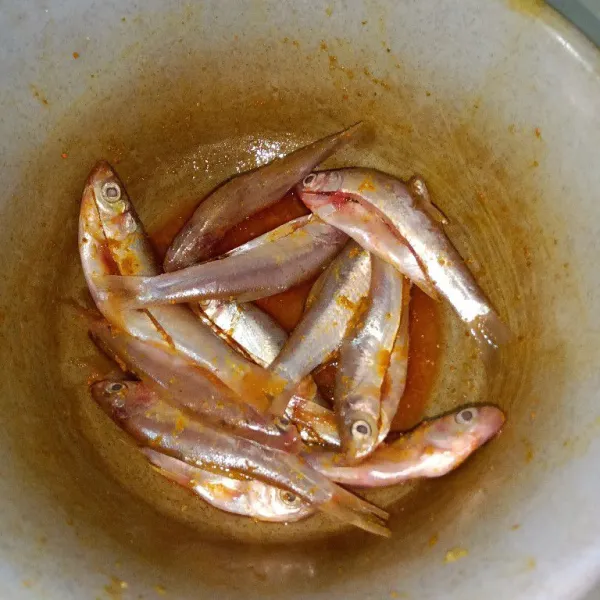 Bersihkan ikan dan beri bumbu.