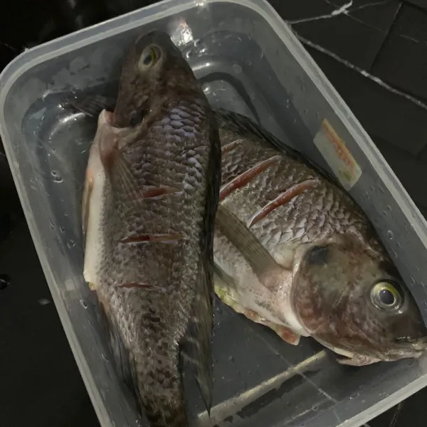 Bersihkan ikan nila dan kerat sisinya.