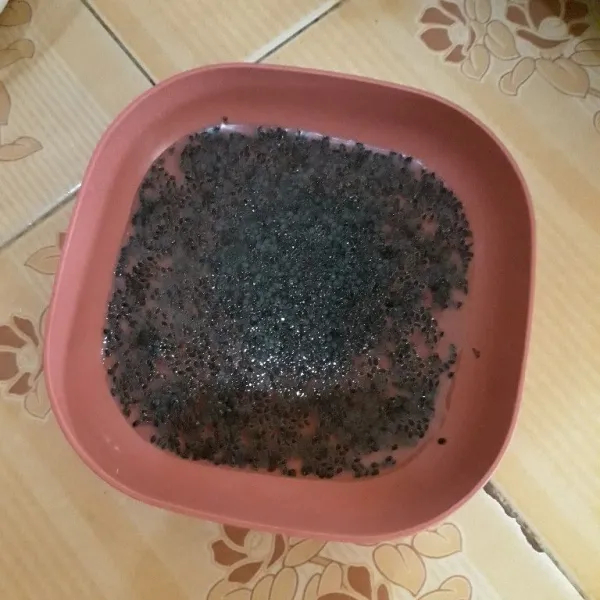 Rendam biji selasih dengan air matang hingga mengembang.