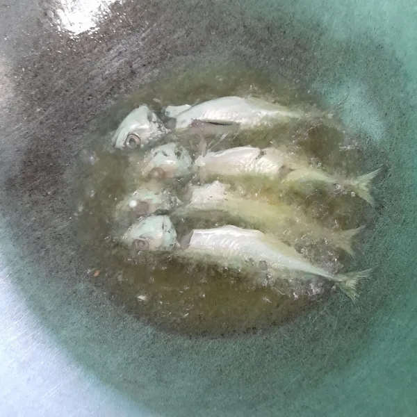 Cuci bersih ikan, lalu beri garam, goreng sampai kuning keemasan.