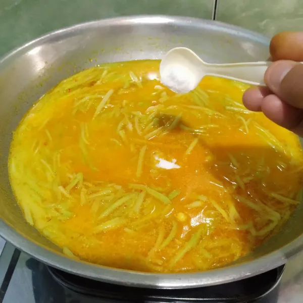Beri garam, gula pasir dan penyedap lalu aduk rata.