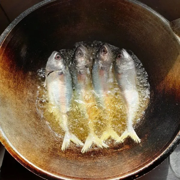 Goreng ikan kembung dalam minyak panas hingga matang kecoklatan. Angkat, sisihkan.