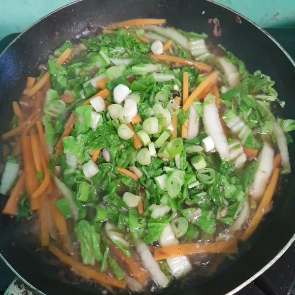 Tambahkan daun bawang, masak sampai kuah menyusut dan wortel empuk, siap disajikan.