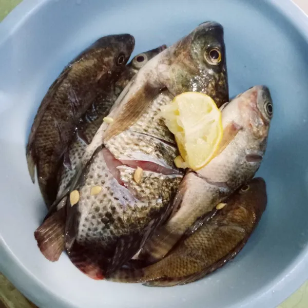 Cuci bersih ikan, beri perasan jeruk nipis. Diamkan selama 5 menit.
