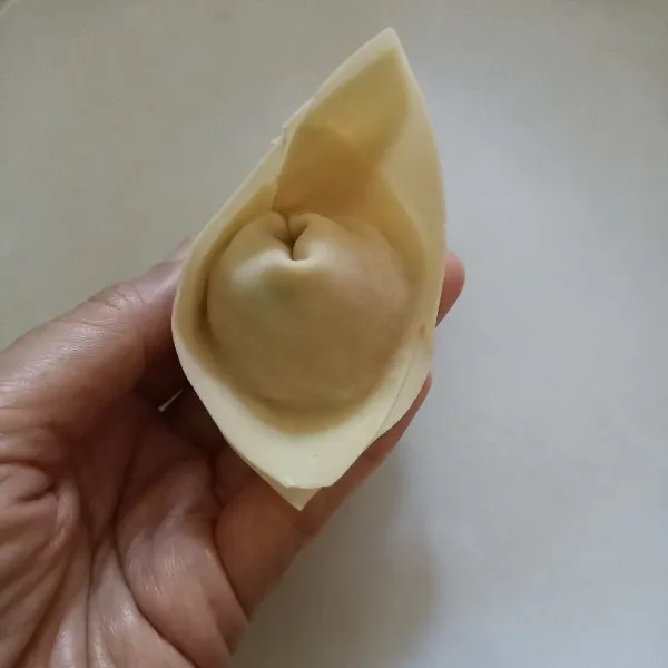 Tutup kulit pangsit, menyerong. Rekatkan bagian ujungnya. Dan lem dengan sedikit adonan. Sisihkan.