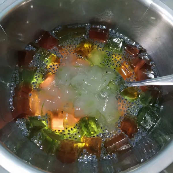 Campur jelly melon, jelly jambu biji, selasih, lidah buaya, sirup melon, air es dan batu es di dalam wadah, aduk hingga sirup larut. Sajikan.