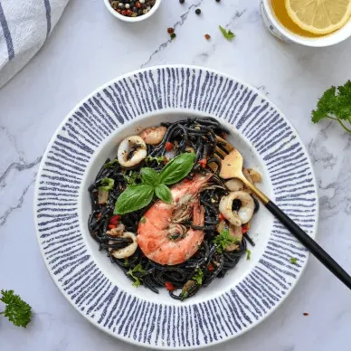 Resep Black spaghetti agli olio dengan tambahan udang dan jamur di atasnya