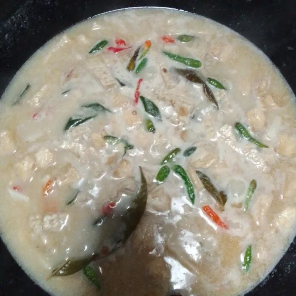 Tuangkan santan instan secukupnya, gula pasir, gula merah, garam, penyedap dan cabe hijau kecil, koreksi rasa dan masak sampai matang.