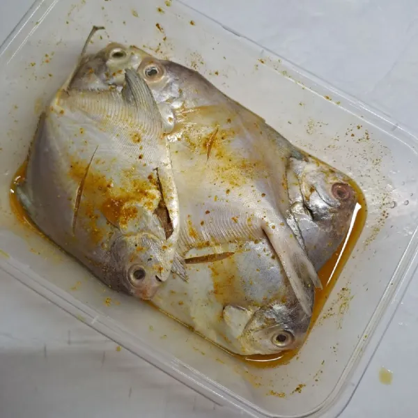 Campur jadi satu bawang putih bubuk, kunyit bubuk, ketumbar bubuk, garam dan air secukupnya. Aduk sampai larut. Marinasi ikan selama 15 menit.
