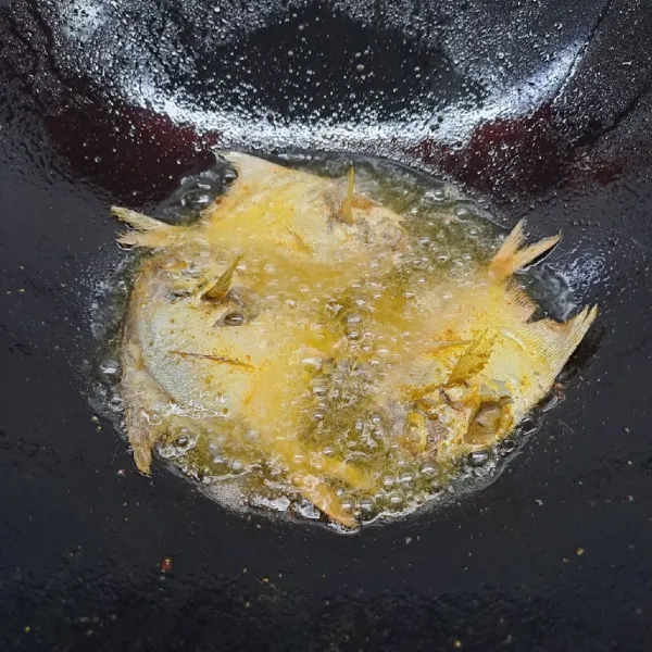 Panaskan minyak goreng secukupnya. Goreng ikan sampai matang di kedua sisi. Angkat dan taruh di piring saji.