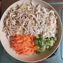 Siapkan semua bahan tauge, wortel iris, tahu dan daun bawang.