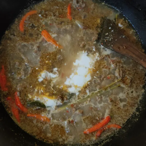 Masukkan cabai rawit, santan instan, kaldu bubuk, garam, dan gula pasir. Masak hingga mendidih, tes rasa.