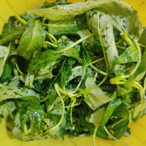 Siangi kangkung, cuci bersih, tiriskan.