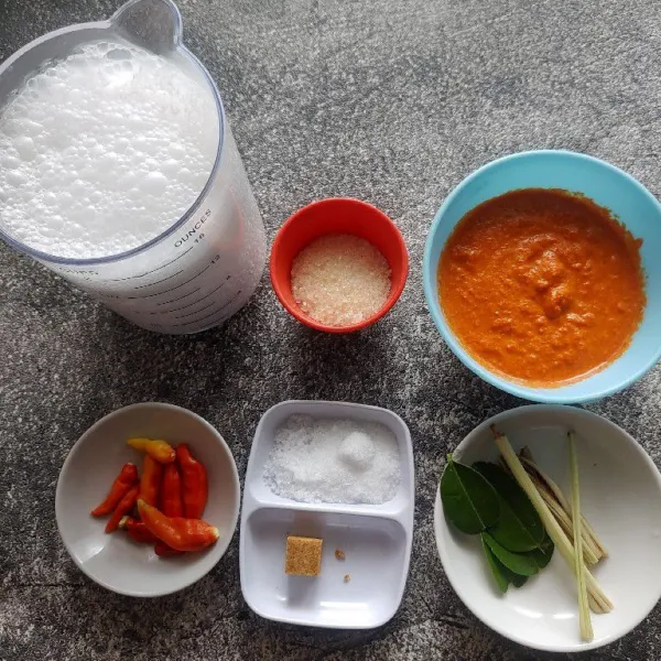 Siapkan bahan bumbu lainnya, santan, bumbu yang sudah dihaluskan, garam, kaldu bubuk, cabe rawit, gula, daun jeruk dan serai.