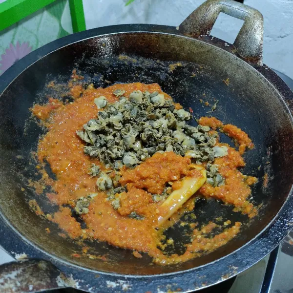 Masukan kerang aduk rata kasih air sedikit, masukan garam, gula penyedap rasa.