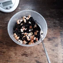 Potong kecil-kecil kismis dan manisan pepaya.