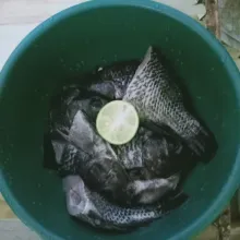 Cuci bersih ikan dengan jeruk nipis, lalu beri sedikit garam, aduk rata.