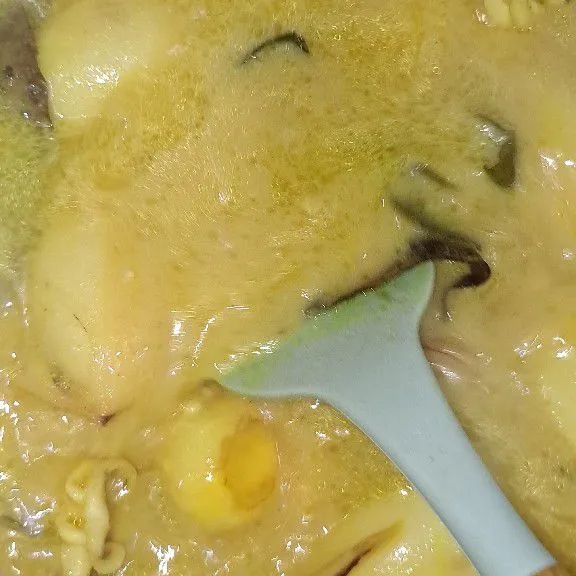 Setelah mendidih masukkan santan instan, garam, gula juga penyedap. Biarkan air agak surut.