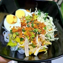 Susun elemen lainnya ke dalam mangkok seperti bihun, telur rebus, kubis, daun seledri, daun bawang yang sudah diiris tipis lalu ayam yang sudah disuwir, lalu tuangkan kuahnya.