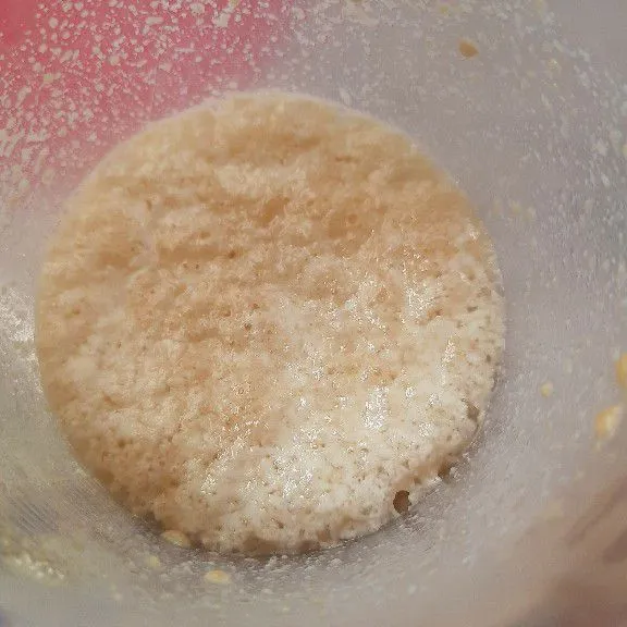 Campur bahan biang jadi 1 aduk sampai gula larut lalu diamkan sampai berbuih.