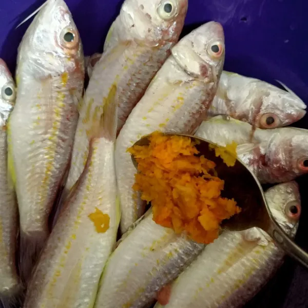 Masukkan bumbu halus ke dalam ikan kurisi .
